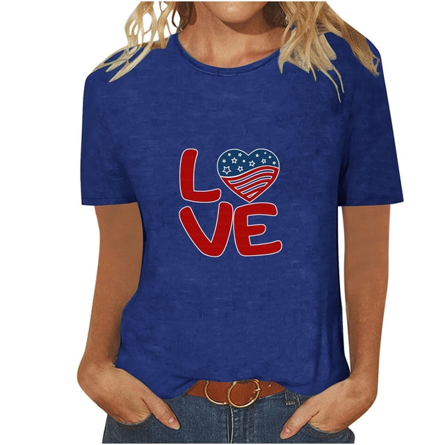Tops Cortos para Mujeres Día de la Independencia Patriótica Impreso Cuello Redondo, Camiseta de Manga Corta Casual para la Primavera, Verano Y Fiesta