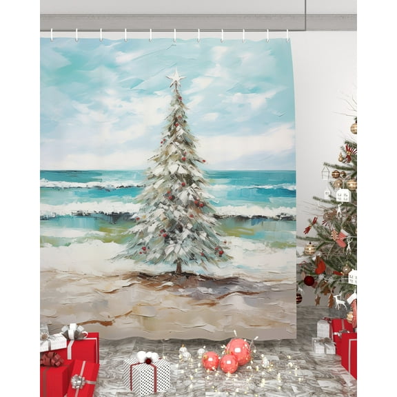 Coastal Christmas Tree Bathroom Curtain 72 Inch Shower Curtain with Hooks, Modern Oil Painting Beach Xmas Tree Waterproof Polyester Bath Curtain Washable Bathtub Curtain 66''x 72''