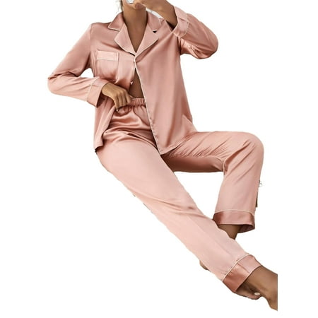 

2pcs Set Elegant Lapel Neck PJ Pant Sets Long Sleeve Dusty Pink Women s Pajama Sets (Women s)