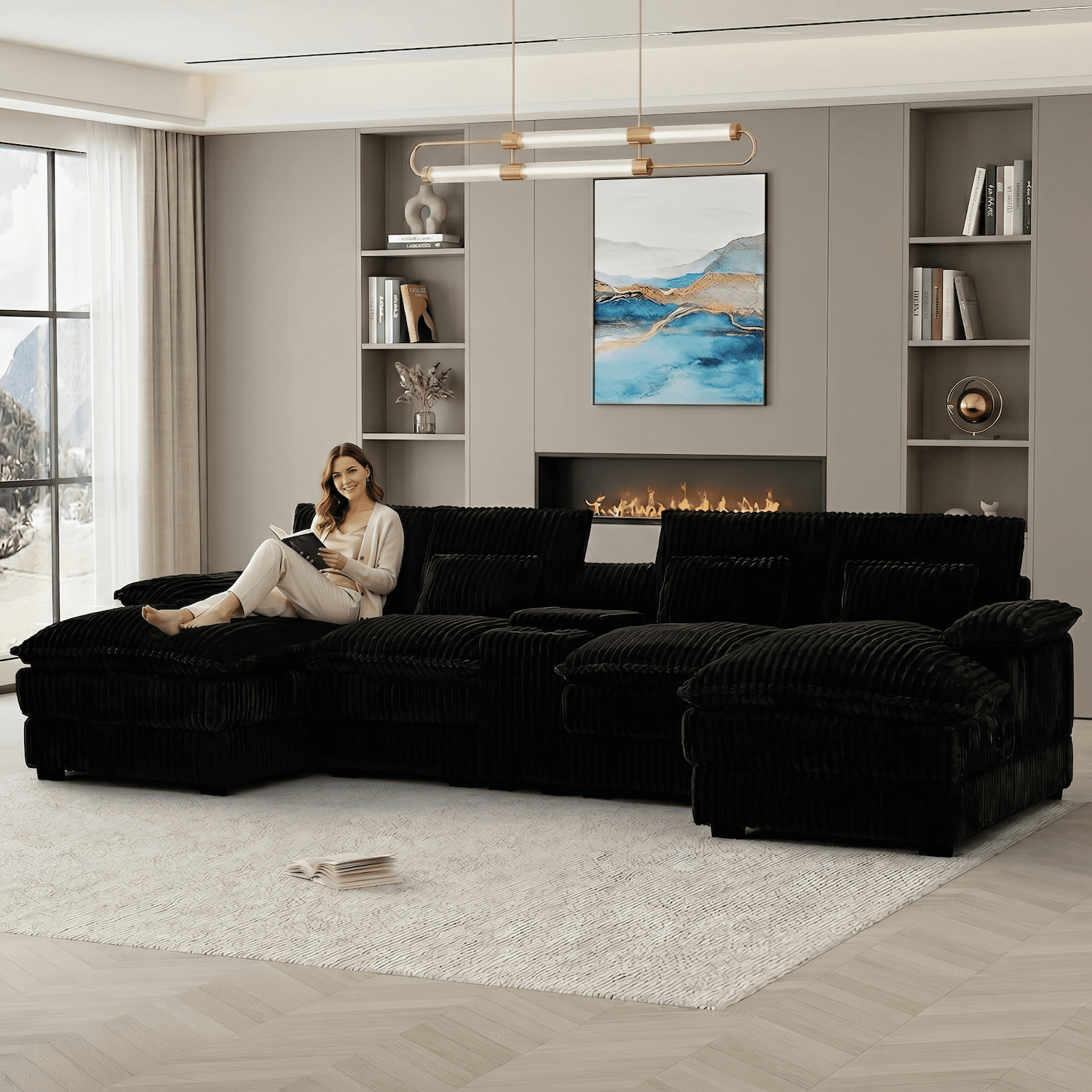 124" U Shaped Cloud Couch Sectional Sofa for Living Room, Oversized Modular Sectional Couch with Double Chaise & Storage Console, Black Corduroy Deep Seat Comfy Sofa with USB Ports & Cup Holders