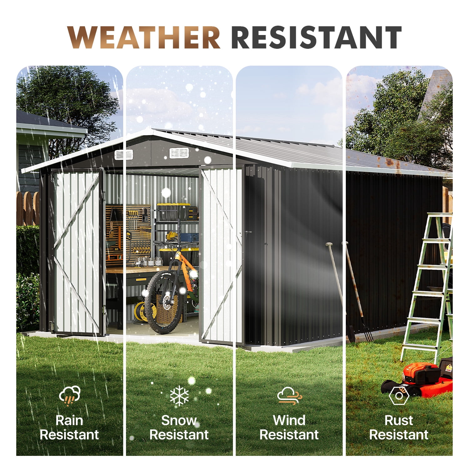 BaPiPro 10x12FT Outdoor Metal Storage Shed with Lockable Doors, Garden Tool Shed Bicycle Shed, Black