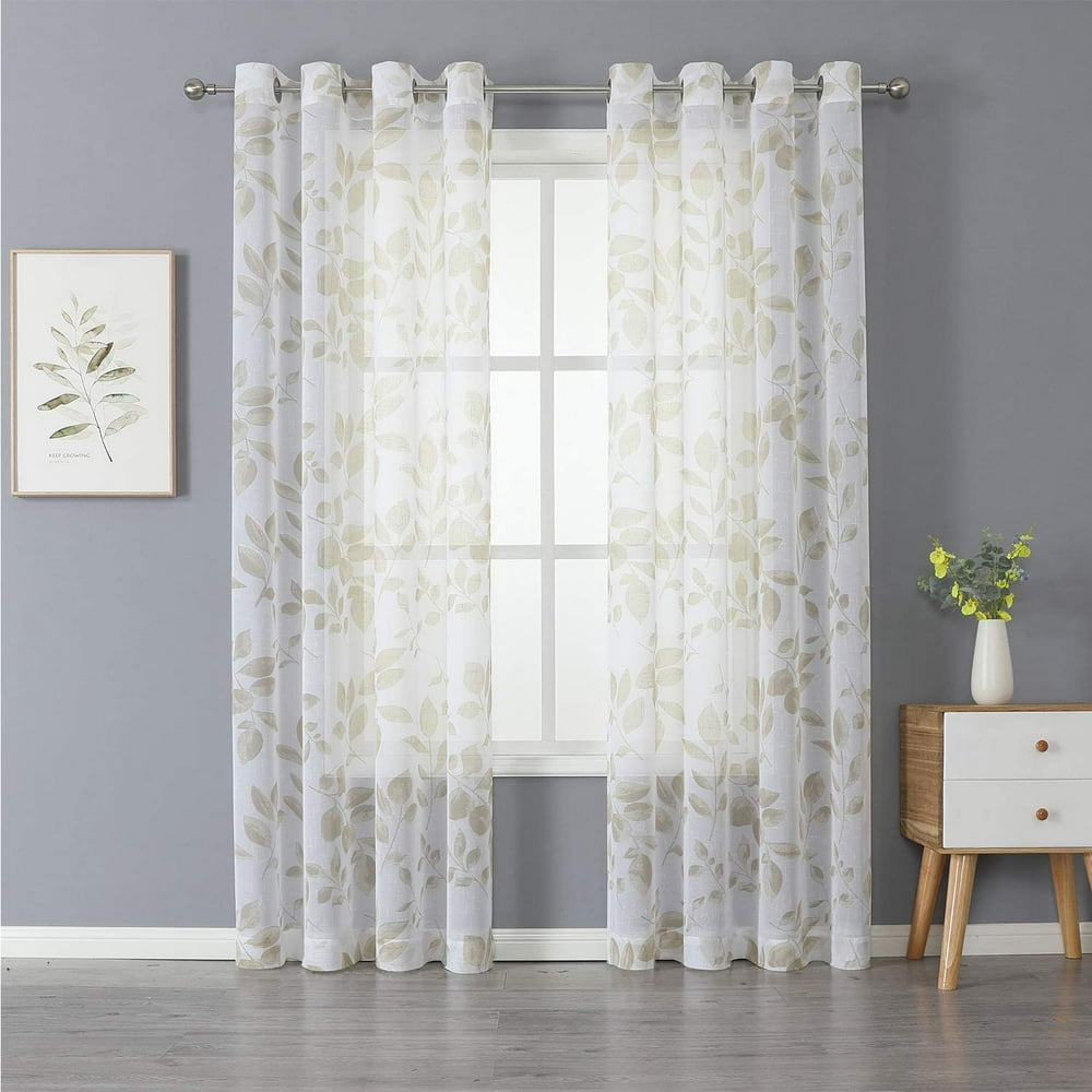 IDEALHOUSE Taupe and White Sheer Curtains, Room Decorative Leaf Printed