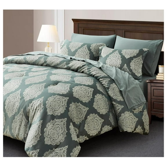 Juliette 7-Piece Bed in a Bag Comforter Set California King - Luxury Medallion Jacquard Comforter Set with Sheets for All Seasons, Gray Green Smoke Gray/Green Smoke