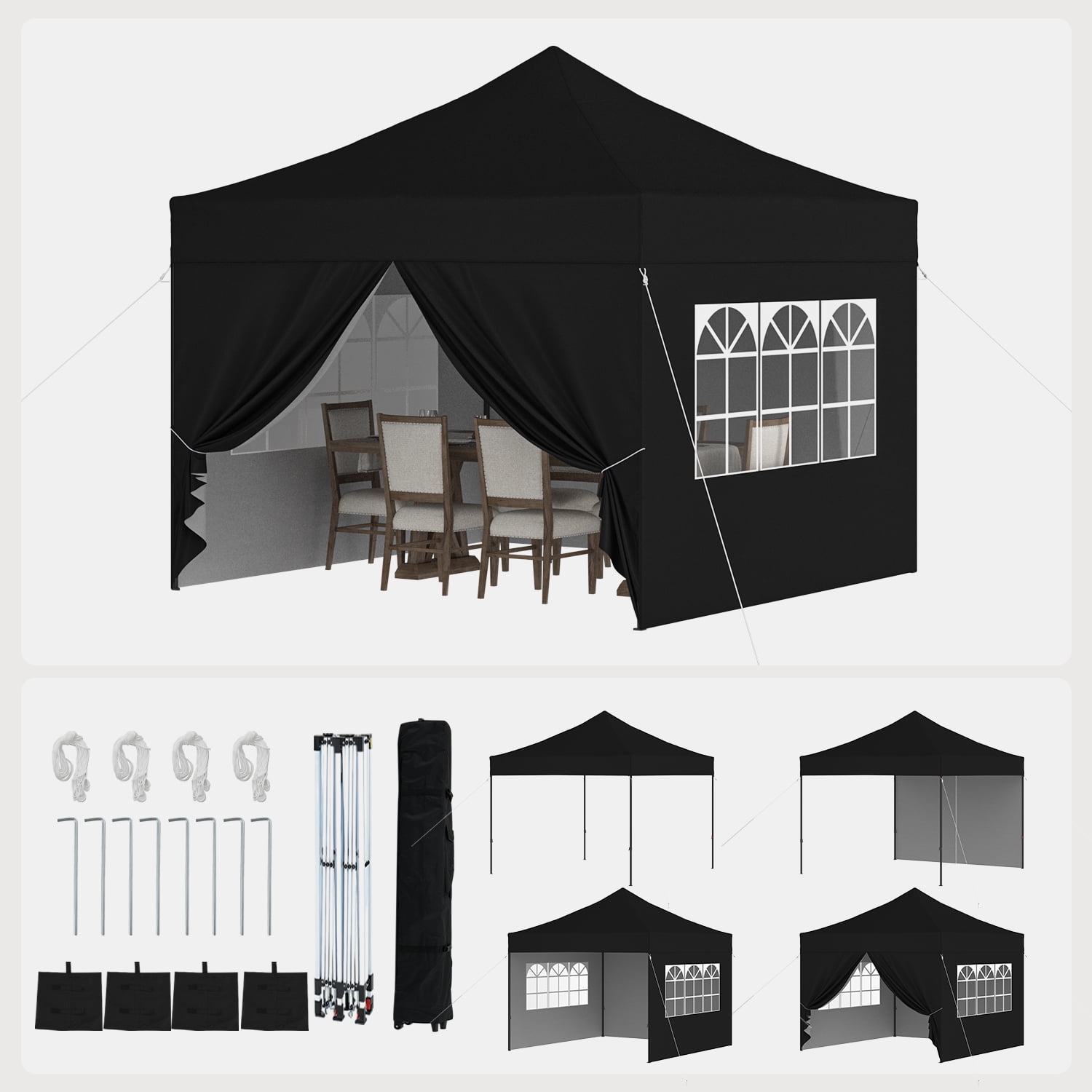 BaPiPro 10'x10' Pop Up Canopy Tent with 4 Removable Sidewalls, Adjustable Height Instant Outdoor Canopy, Portable Sun Shade Shelter with 4 Sandbags, Easy Setup for Parties, Camping, Events, Black