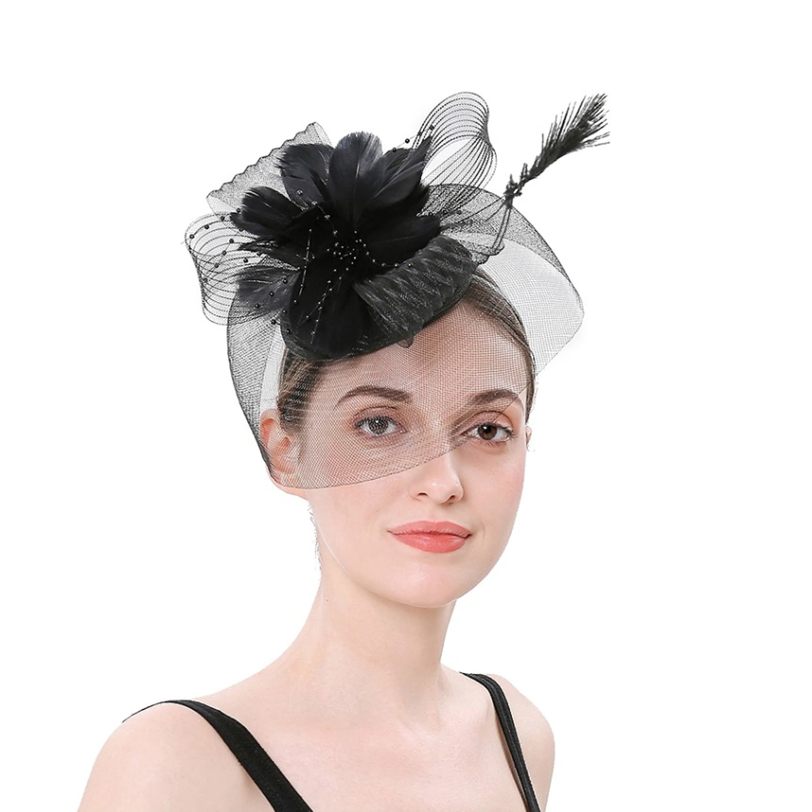 Fascinator Hats for Women Ladies Flower Mesh Feather Pillbox Hat with Veil Headband and a Clip Tea Party Headwear 