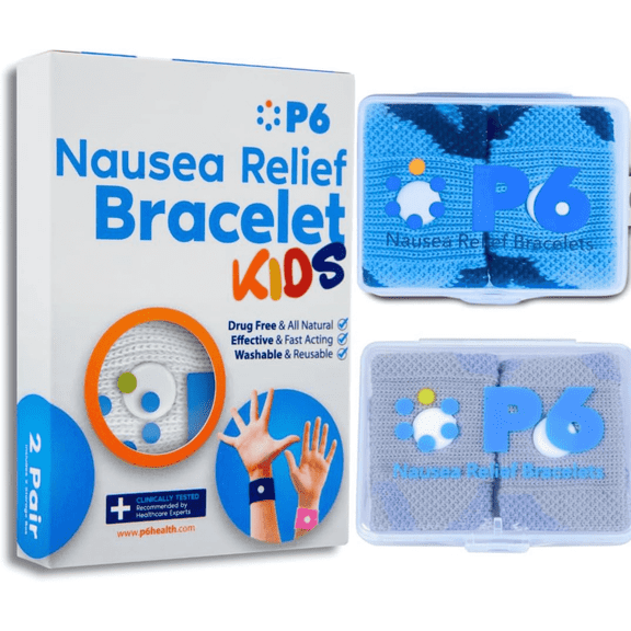 P6 Motion Sickness Bands for Kids Children’s Wristbands for Anti Nausea Sea Cruise Travel Car Sickness All-Natural Non Drowsy Relief Acupressure Treatment (2 Pack, Grey - Blue)