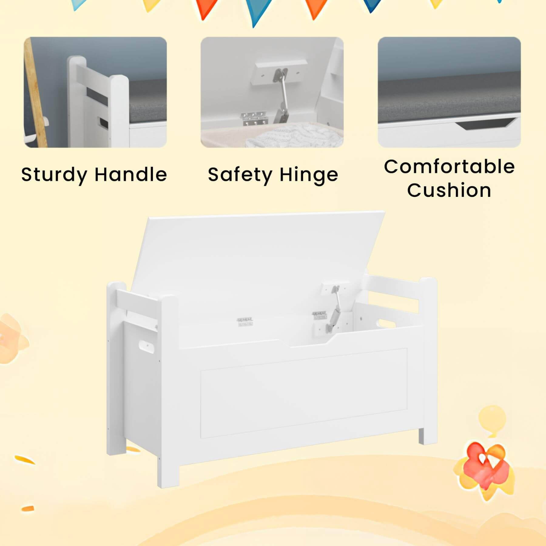 MOONRIVER Kids Toy Box Chest, White Storage Cabinet with Cushion Seat Bench