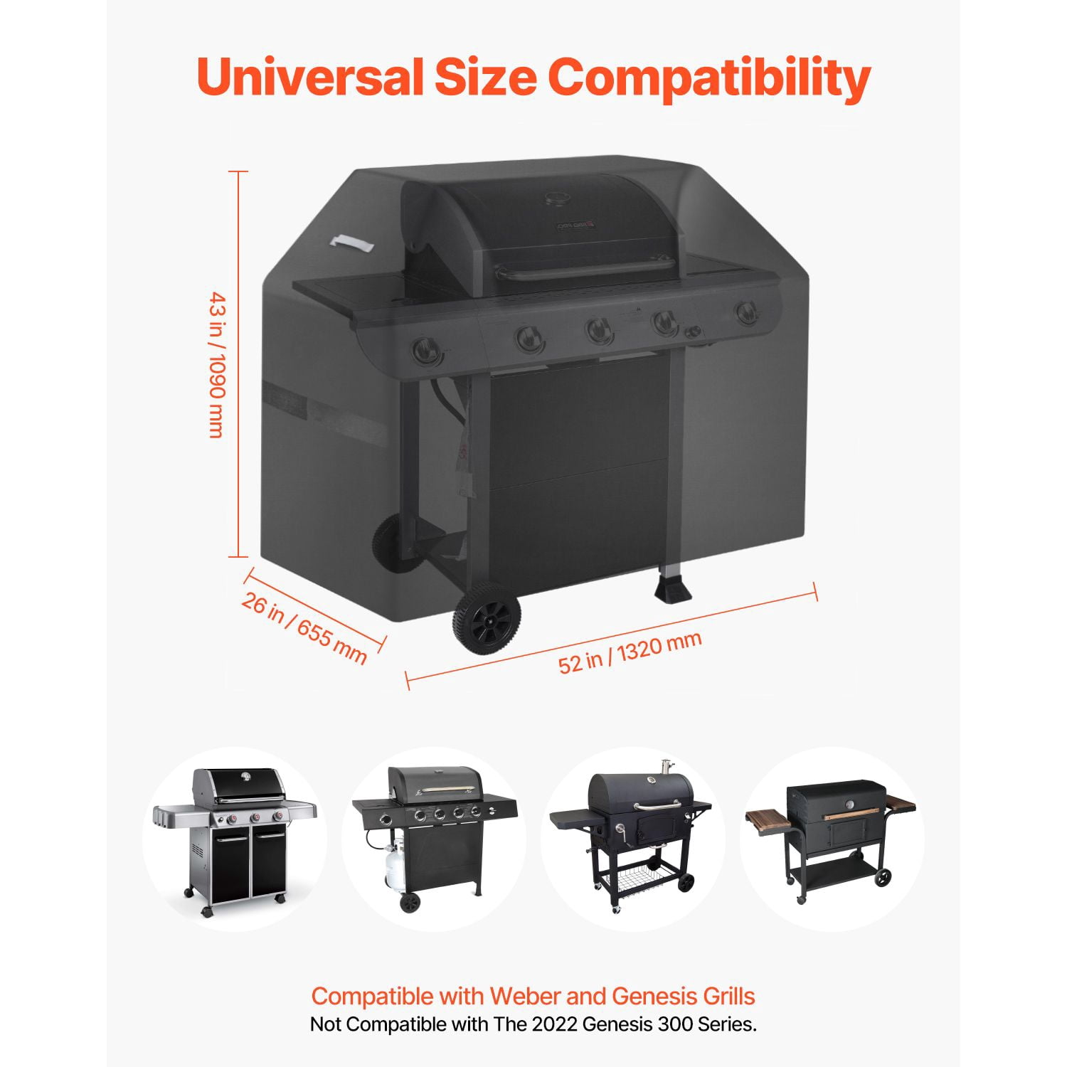 Heavy Duty Grill Cover 52x26x43 Inch 600D Polyester 5-Layer Waterproof Hook and Loop Tapes Windproof for Outdoor BBQ Gas Grill