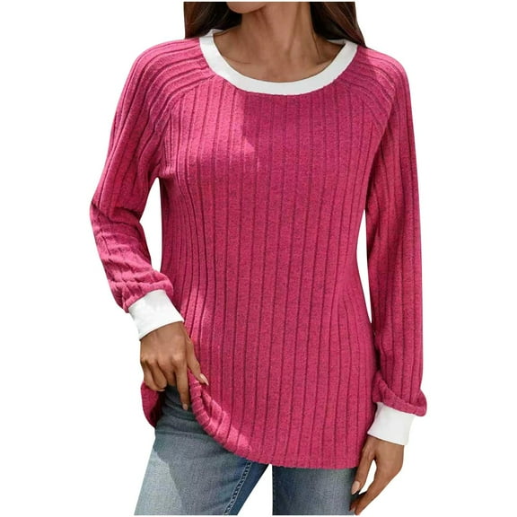 Lenpel Women's Tunic Tops Ribbed Knit Long Sleeve Crew Neck Color Block T Shirts Casual Tee Blouses Loose Lightweight Sweaters(Hot Pink,X-Large)
