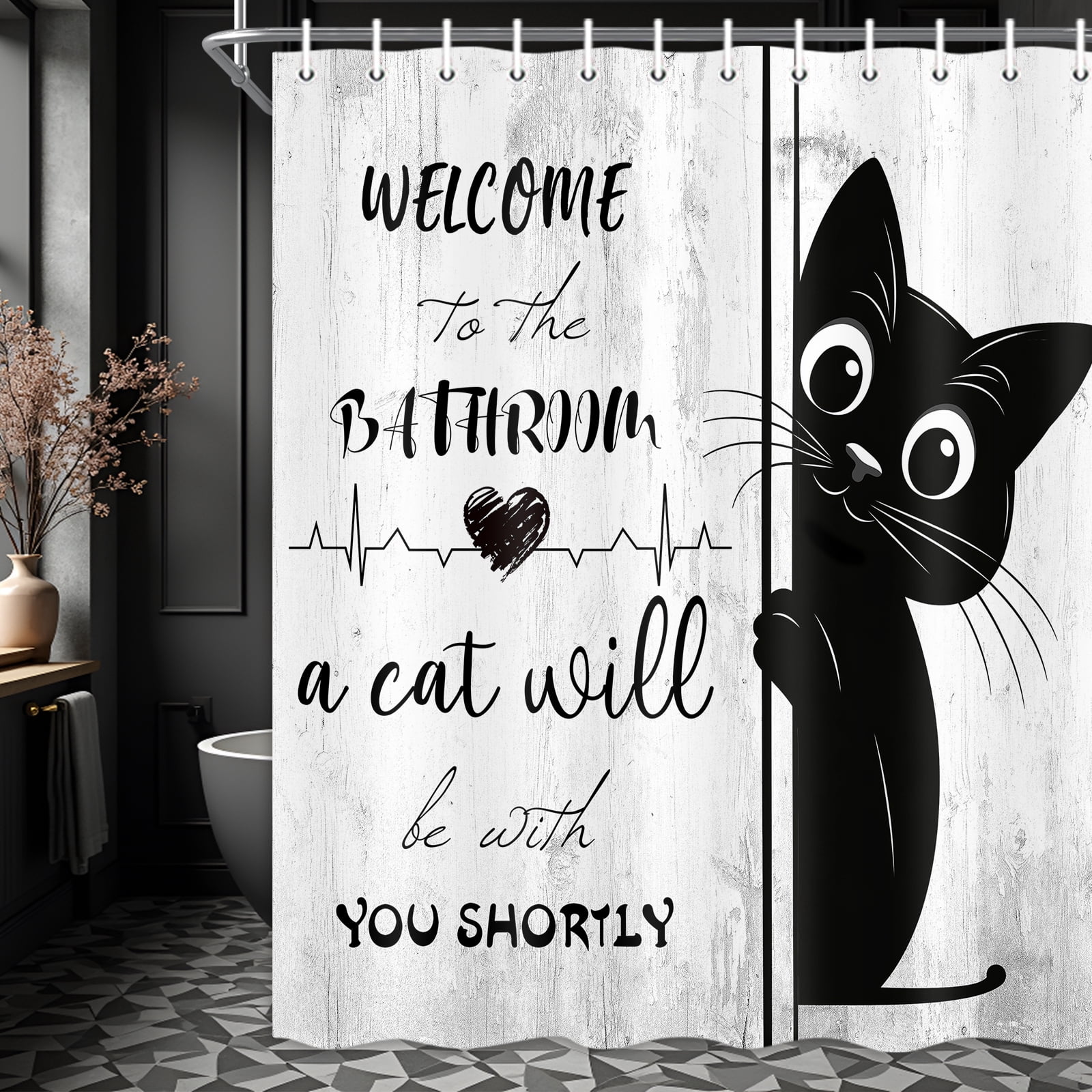 Funny Black Cat Shower Curtain, Welcome to The Bathroom Rustic Farmhouse Fabric Shower Curtain Set with Hooks, Cute Kitten Animal Waterproof Bath Curtain for Bathroom Decor,10pcs Hooks, 60X70 IN