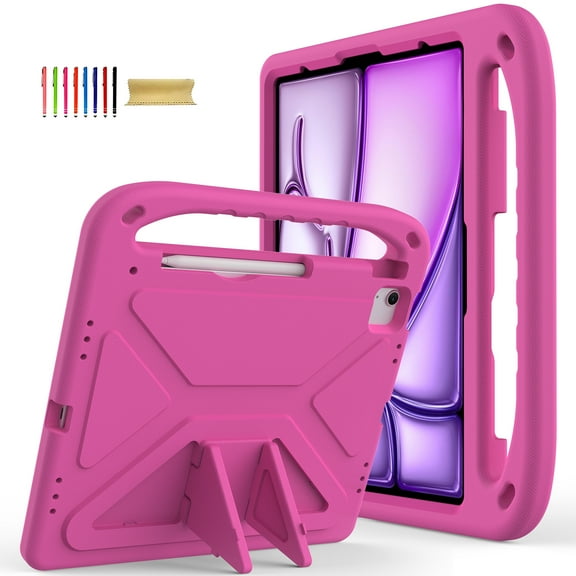 Allytechgroup Kids Case for Apple iPad Air 11 Inch M2 2024, EVA Lightweight Kickstand Bumper Shockproof Handle Children Proof Protective Case Cover for Girls Boys, Rose
