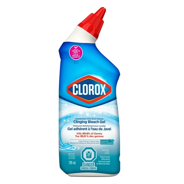 Clorox Clinging Bleach Gel toilet bowl cleaner in 709 mL bottle with Ocean Mist scent, kills 99.9% of germs, and is labeled corrosive