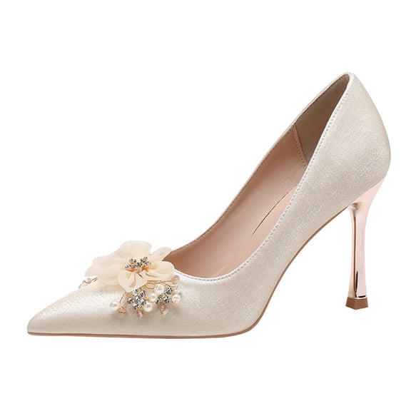 Women Pointed Toe High Heel Stiletto Pumps 9CM Silk Beige Dress Shoes Pearl Diamond Flower Wedding Evening Party
