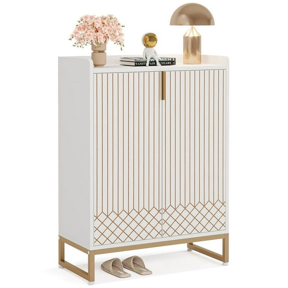 Tribesigns Shoe Cabinet for Entryway, 25 Pairs Shoe Cabinets with Doors, 5-Tier Wood Shoes Rack Organizer, White and Gold