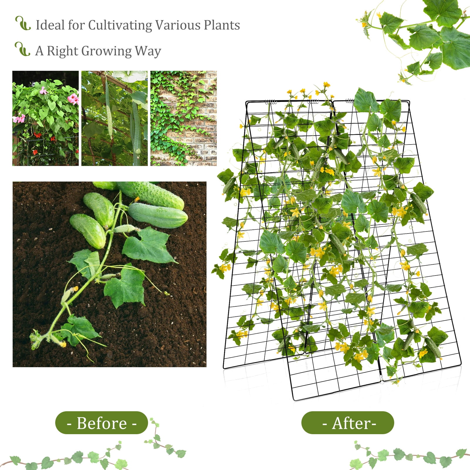 Costway 4 PCS Foldable Cucumber Trellis A-Frame Plant Supports with Twist Ties Green