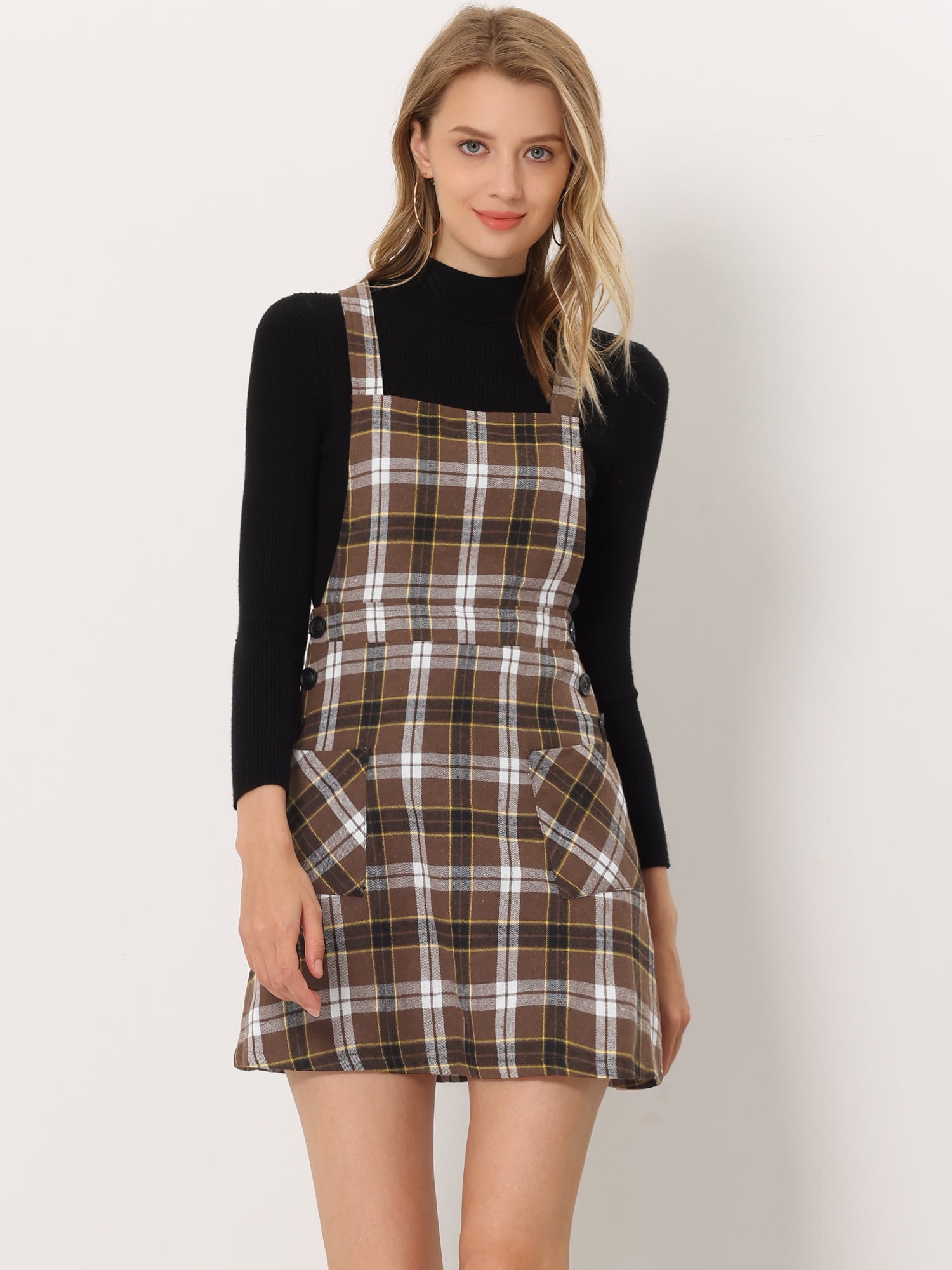 DARING DIVA Tartan Print Button Decor A-Line Pinafore Overall Dress XL Deep Brown