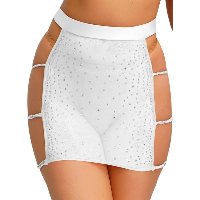Xnihocha Womens See Through Mesh Mini Skirt With Shiny Rhinestones Bodycon Style For Clubbing And Party White S