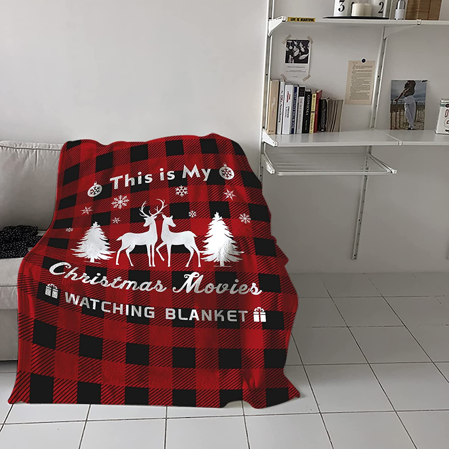 This is My Christmas Movie Watching Blanket Super Soft Flannel Fleece Christmas Reindeer Red Buffalo Plaid Throw Blanket Cozy Fuzzy Plush Bed Blankets for Couch Sofa 40x50inch