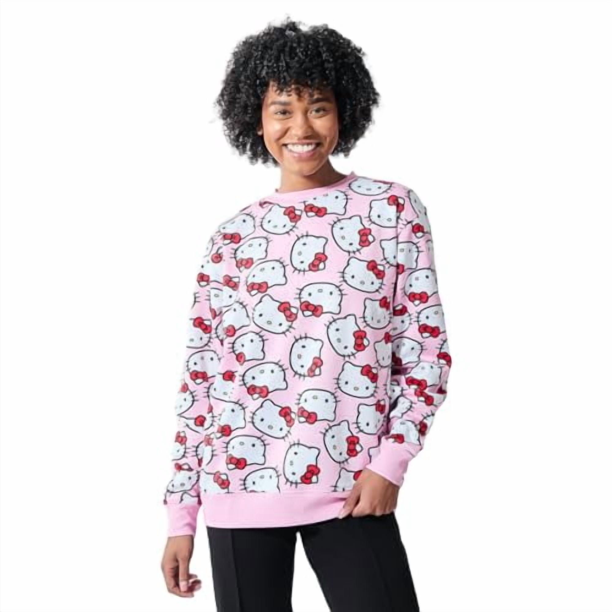 Hello Kitty Character Heads All-Over Print Women's Pink Crew Neck Long Sleeve Sweatshirt-Medium