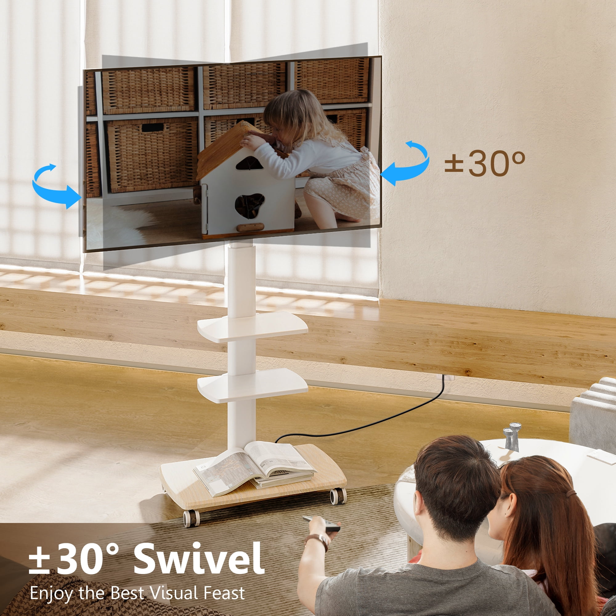 FITUEYES Modern Rolling TV Stand with Wheels for 32 - 65 inch TVs,Mobile TV Stand with Power Outlets and Two Shelf,Hold up to 88 lbs,White