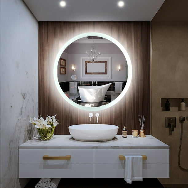 Bathroom Mirror 24 Inch Round Led Lights Wall Mounted Vanity With Smart Touch On And Anti Fog Function Makeup Com Bathroom Mirror 24 Inch Round Led, Led Vanity Mirror Wall Mounted