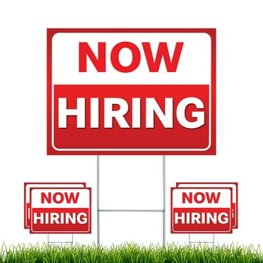 NEXT LEVEL SIGNS | Now Hiring Yard Signs  | Double Sided 24 W x 18 H Inches | Metal Ground Step H-Stake 24" x 10" | Made in the USA (Pack of 5)
