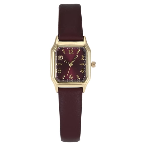 Time & Tru Ladies Goldtone Facet Cut Square Case with Burgundy PU Strap Watch
