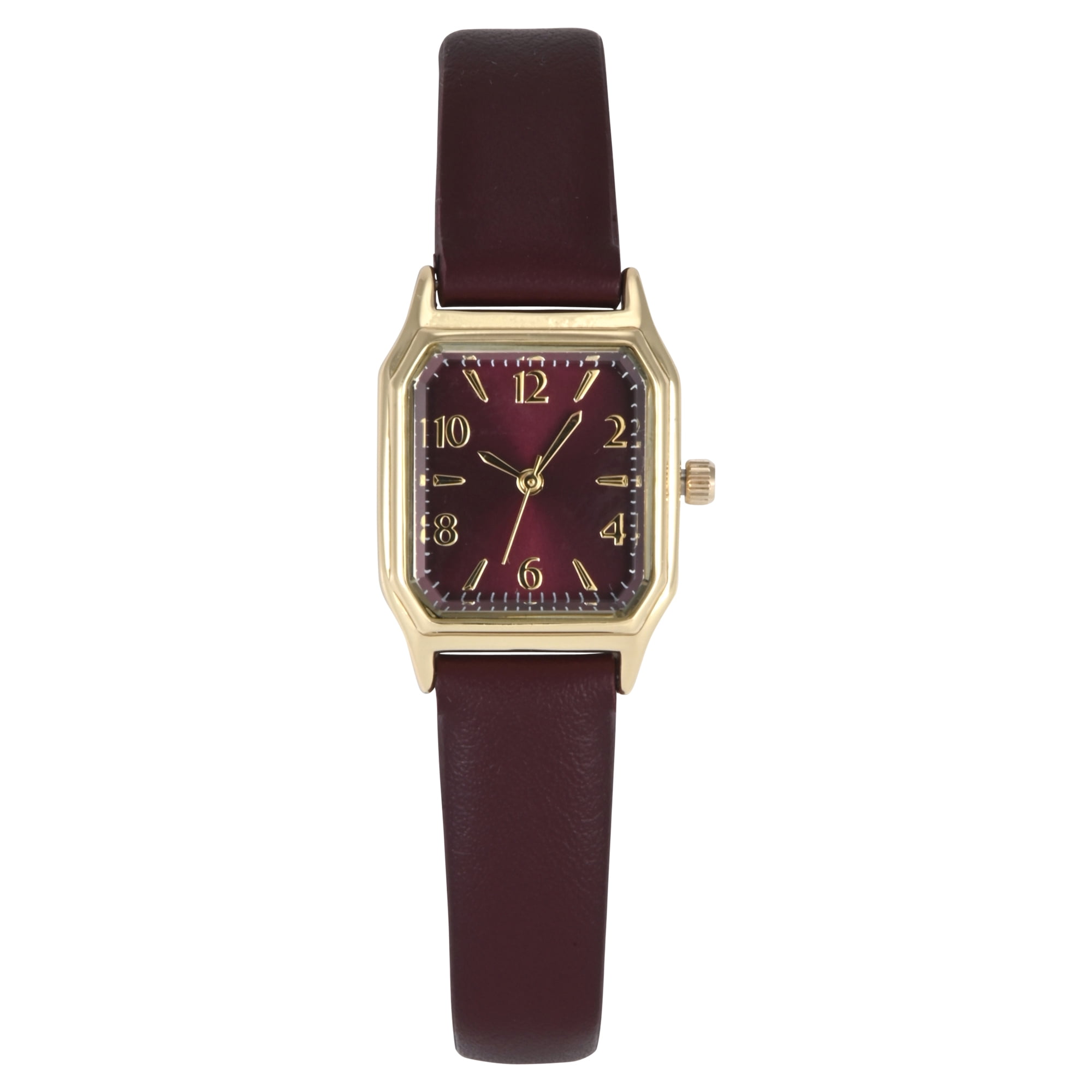 Time & Tru Ladies Goldtone Facet Cut Square Case with Burgundy PU Strap Watch