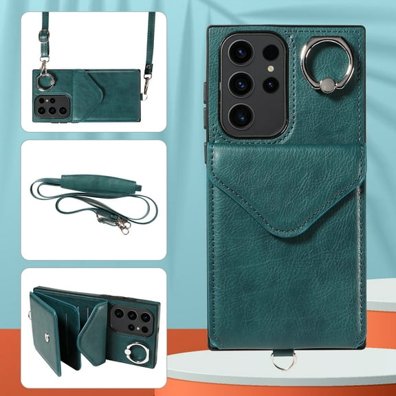 Galaxy S24 Ultra Case with Ring Holder Stand, Allytech Classic PU Leather Back Cover with Cards Holder Shockproof Detachable Shoulder Strap Wallet Case for Samsung Galaxy S24 Ultra - Green