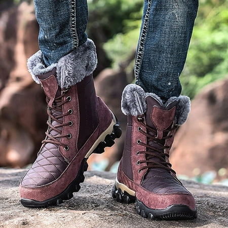

Bnwani Boots for Men Winter Round Toe Lace Up Non Slip And Velvet Warm Outdoor Snow Boots Party Wine 6