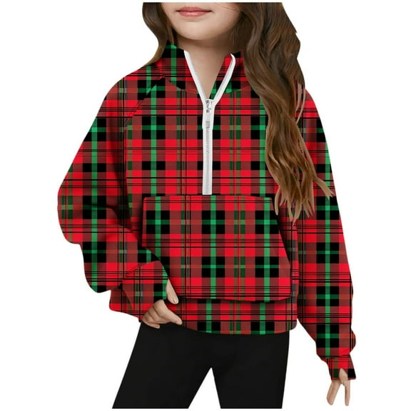 Lorytime Christmas Kids Sweatshirt for Winter Boy Girl Plaid Thumb Hole Shirt Mock Neck Long Sleeve Half Zip Pullover Tops