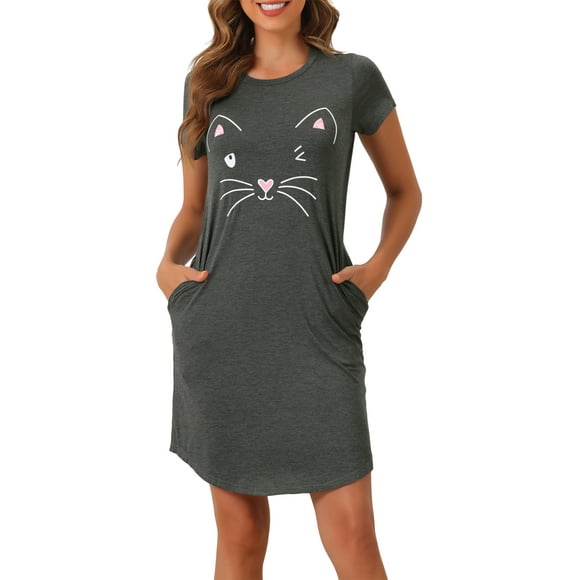 INSPIRE CHIC Women's Pajamas Night Shirts Cats Printed Sleep Dress Short Sleeve Nightgowns S Gray