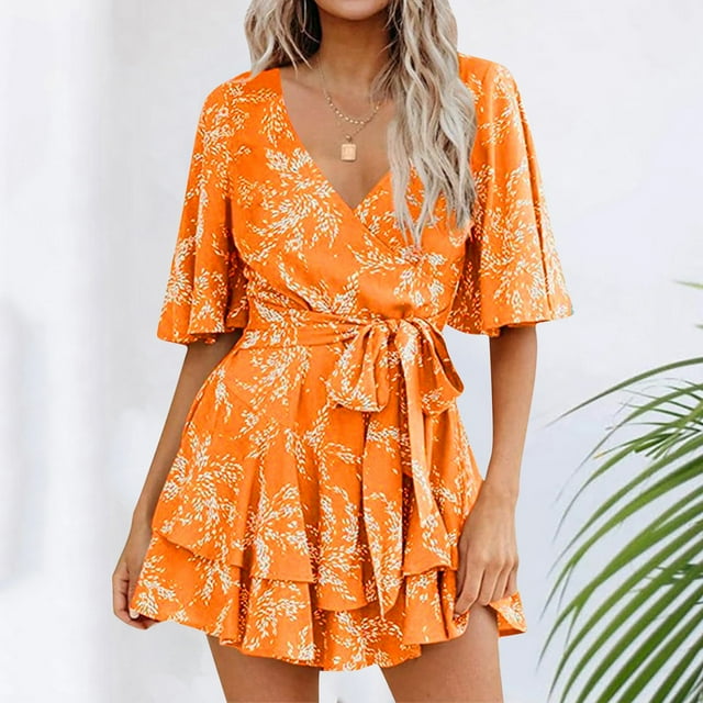 WILLBEST Robes et Combinaisons à Manches en V à Fleurs pour Femmes avec Ceinture Plissée
