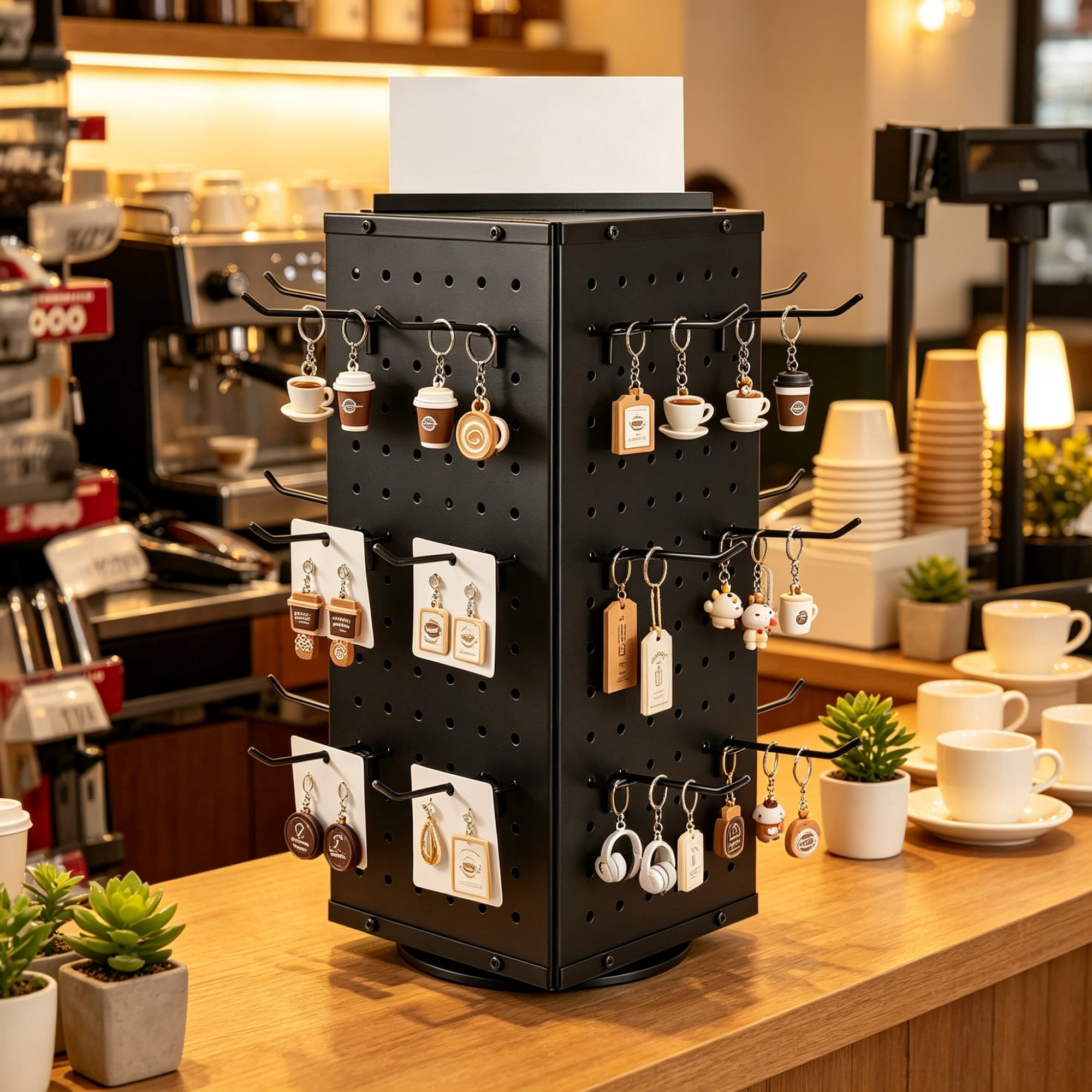 Rotating Pegboard Display Stand, 4-Sided Spinning Retail Organizer with 24 Hooks for Grocery & Jewelry Shop, 7.4 x 7.4 x 17 in
