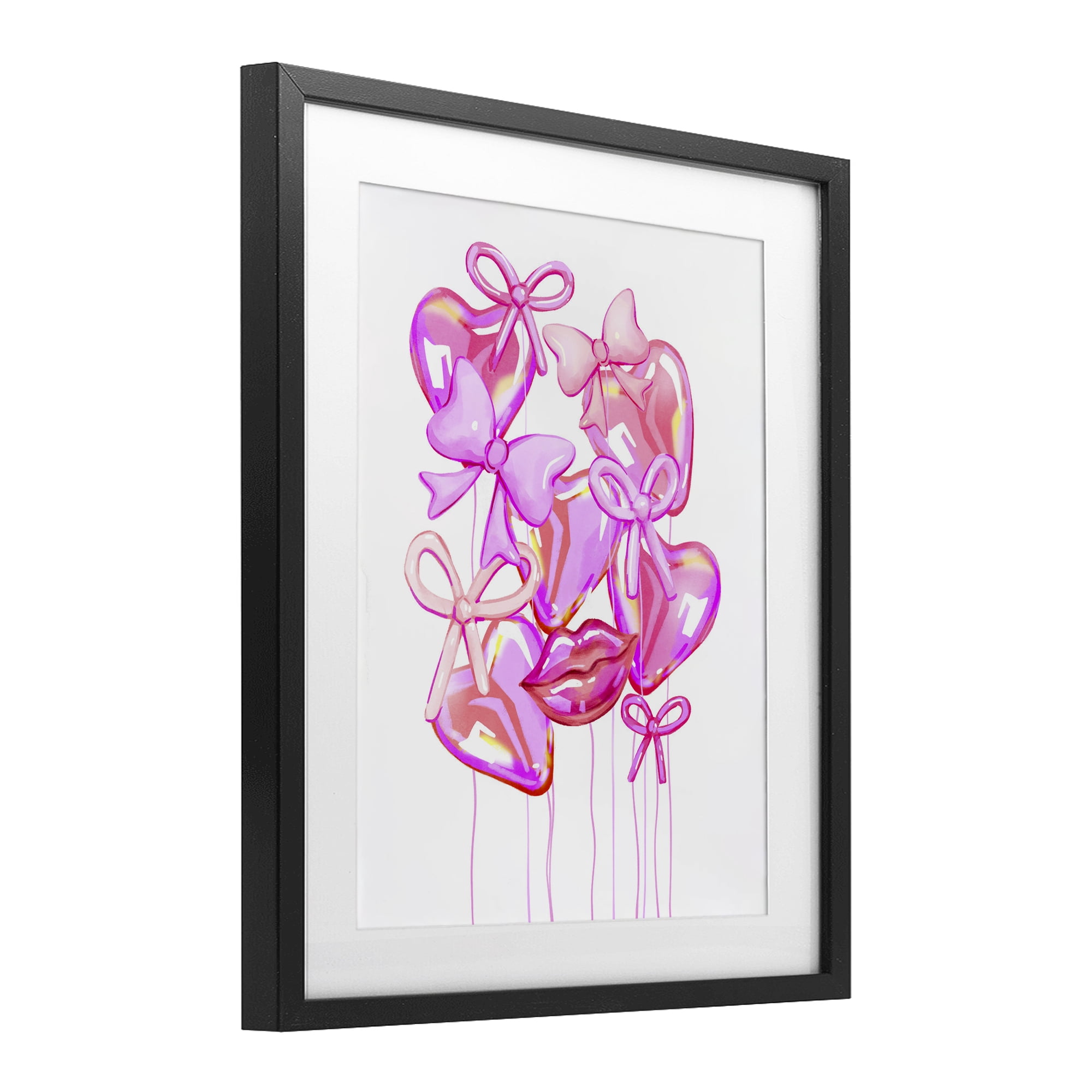 Pink Heart and Bow Balloons Black Framed Print Under Glass, design by Ziwei Li