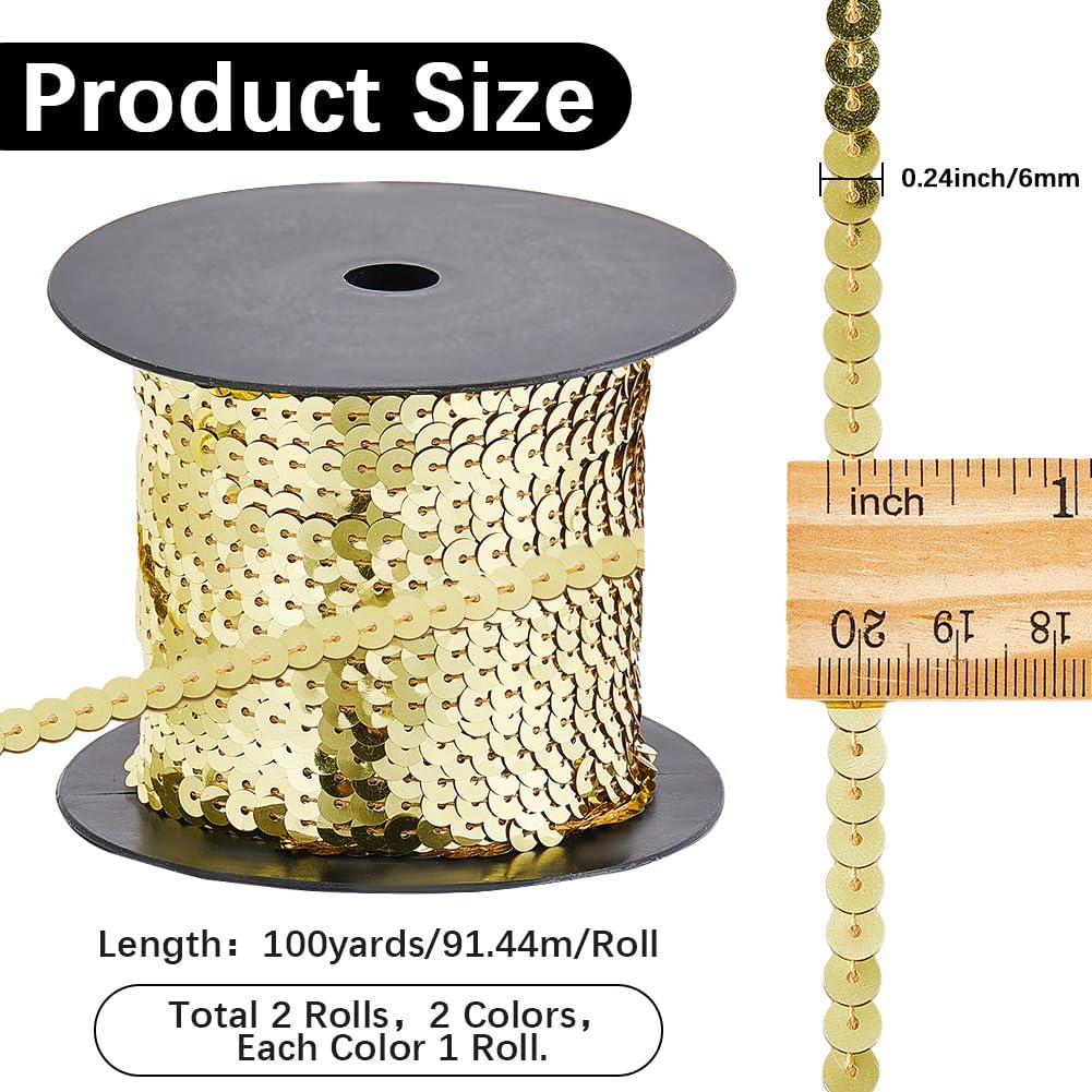 2 Rolls 100 Yards 6MM Gold and Silver Glitter Sequin Ribbon Roll Bulk Set Single Row Flat Round Beaded Paillettes Strips Sparkly Spangle Trim for Sewing Costume Headband DIY Craft Supply