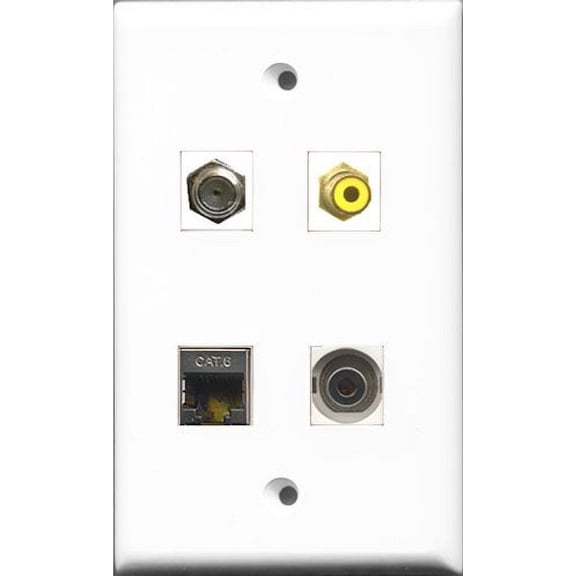 RiteAV 1 Port RCA Yellow and 1 Port Coax Cable TV- F-Type and 1 Port Shielded Cat6 Ethernet and 1 Port 3.5mm Wall Plate