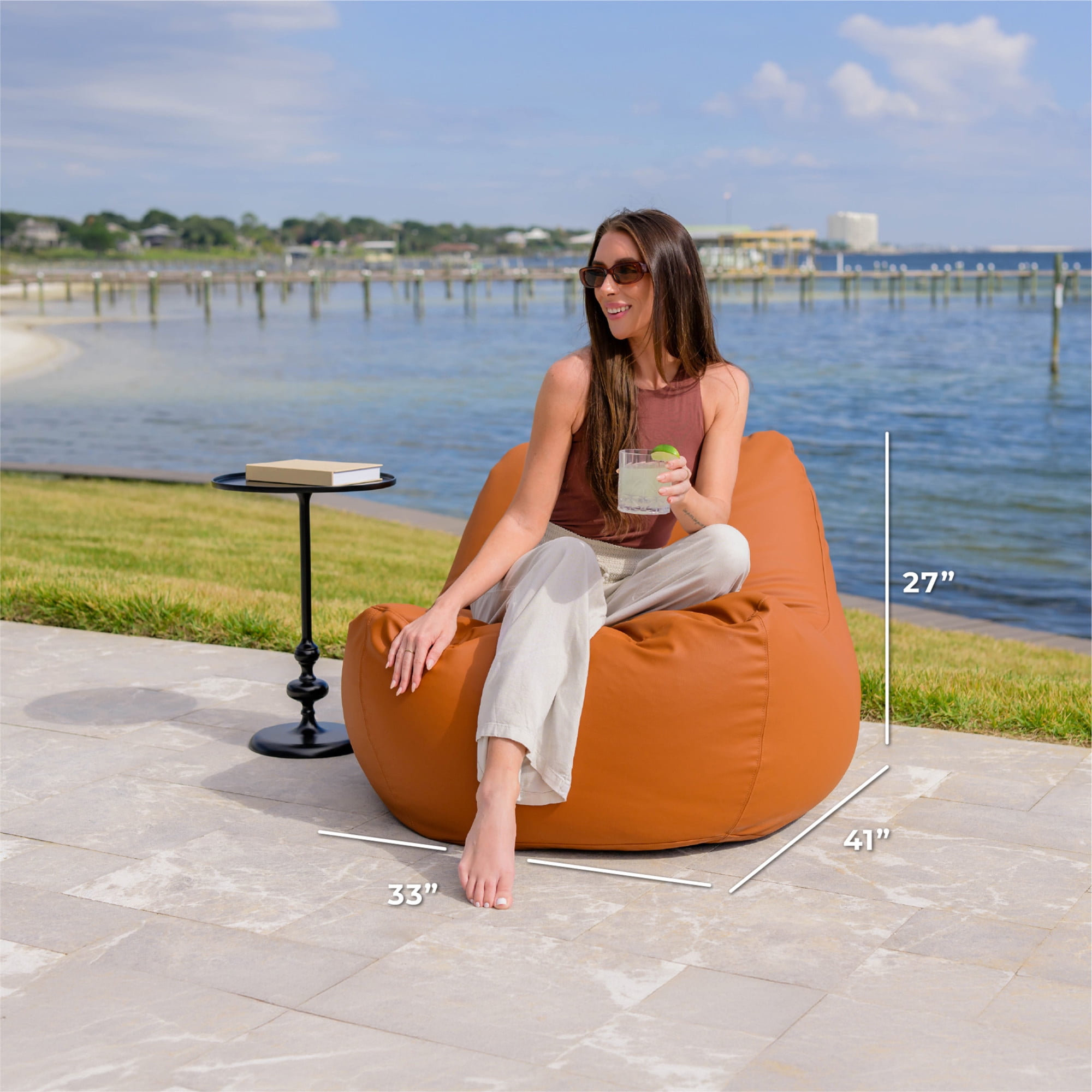 Big Joe Luft Outdoor Patio Chair, Lightweight Bean Filling, Silicone Leather, Honey Sand