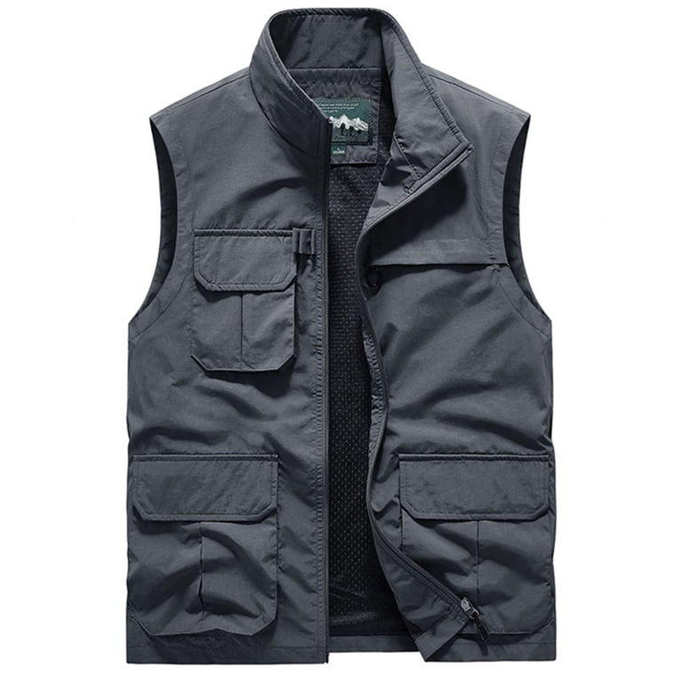 Fewfanhot Men Stand Collar Multi Flap Pocket Utility Vest