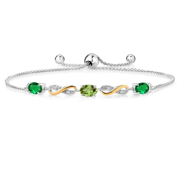Gem Stone King 1.33 Ct Green Nano Emerald Green Peridot 925 Silver and 10K Yellow Gold Lab Grown Diamond Adjustable Infinity Bracelet for Women Mother's Mom Wife Her