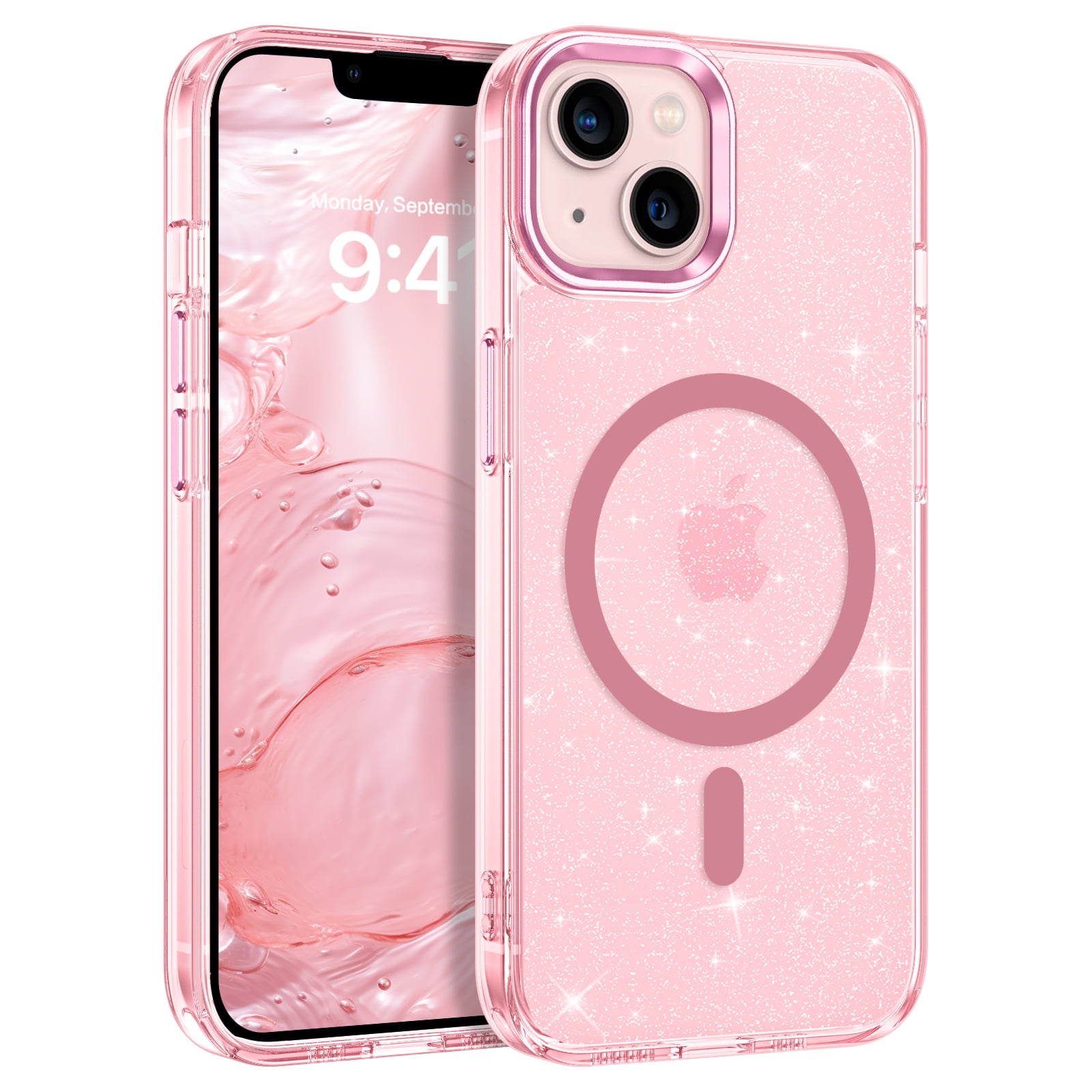 VENINGO Magnetic for iPhone 13 Case / iPhone 14 Case Clear Glitter, Compatible with Mag-safe, TPU Transparent Shockproof Slim Bling Sparkly Bumper Cover Phone Case for Women Girls, Pink