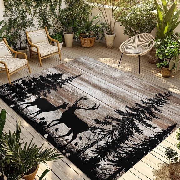 Deer Silhouettes Outdoor Rug for Patio/Deck/Porch, Non-Slip Large Area Rug 5 x 8 Ft, Trees Wooden Retro Art Farmhouse Indoor Outdoor Rugs Washable Area Rugs, Reversible Camping Rug Carpet Runner