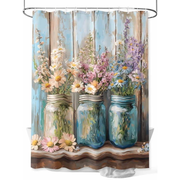 Fsddascl Flower Floral Shower Curtain Set - 48" x 72" Washable Bathtub Curtain with 12 Hooks, Daisy Lavender Painting Blue Wood Plank Waterproof Fabric Stall Shower Curtains for Bathroom/Bathtub