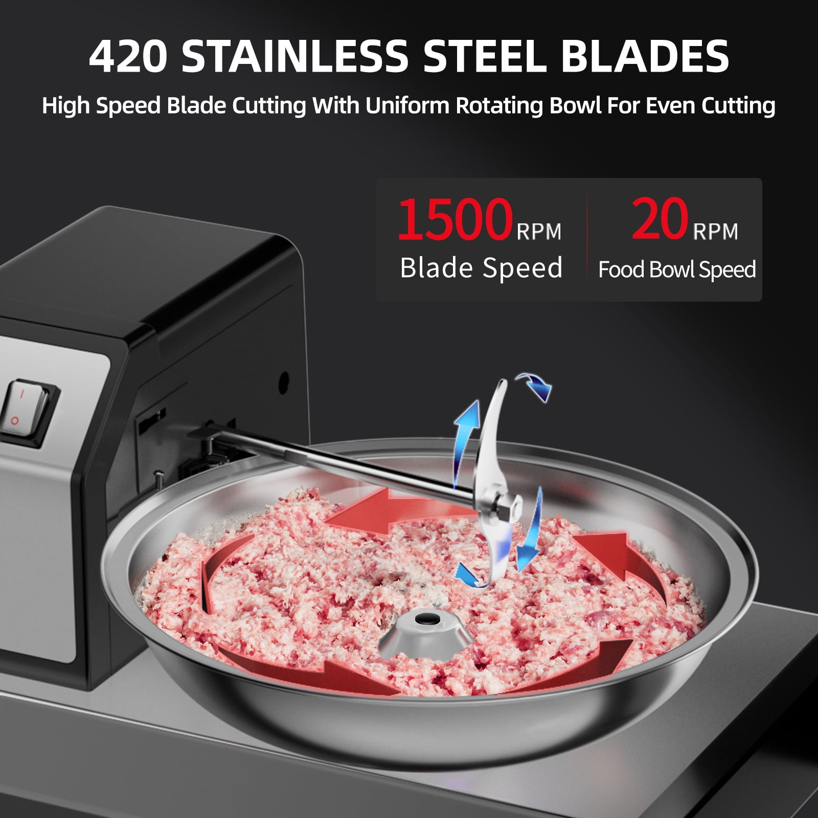 TERUISI Commercial 250W Heavy Duty Electric Food Processor with 1500RPM Blade, 6QT Stainless Steel Bowl and Timer