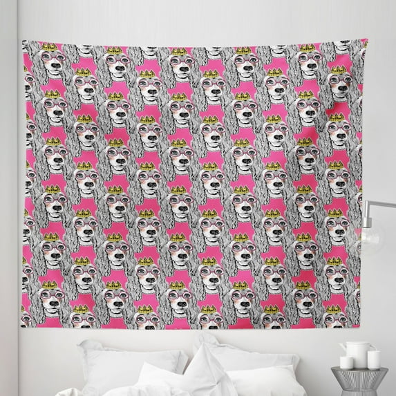 Dog Lover Tapestry, Repeating Pattern of Doodle Puppy with Long Ears Glasses and Crown, Fabric Wall Hanging Decor for Bedroom Living Room Dorm, 5 Sizes, Pink Multicolor, by Ambesonne