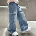 thumbnail image 4 of TOWED22 Boy's Baggy Jeans Teen Boys Straight Wide Leg Denim Pants with Pockets(Navy,8-9 Y), 4 of 9