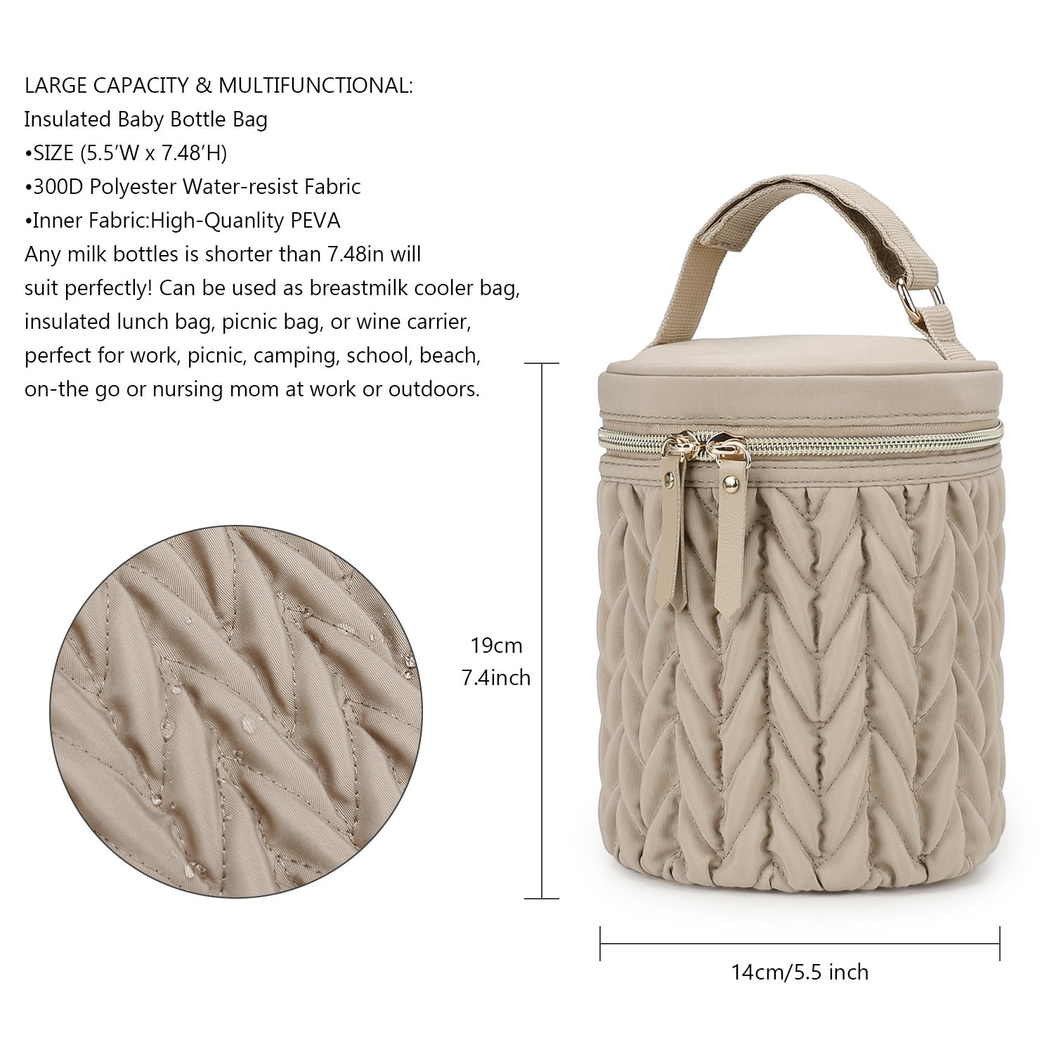 Insulated Baby Bottle Bag, 5.5"×7.48" Breastmilk Cooler Bag with Food-Grade PEVA Lining, Waterproof 300D Polyester Milk Bottle Tote for Nursing Mom, Multi-Use Insulated Lunch Bag for Work/Picnic/Camp