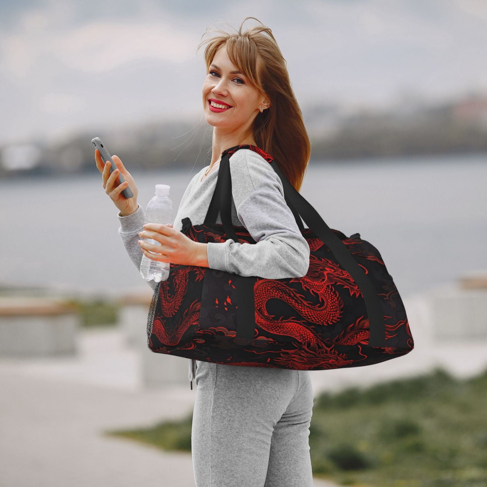 Defioc Red Dragon On Black Print Hand Travel Bag - Foldable Travel Duffel Bags for Men Women -Sport Gym Bag - Overnight Travel Duffel Bag - Adjustable Shoulder Strap