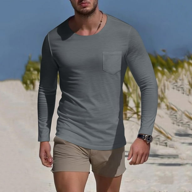 pstuiky mangas largas para hombre, Camiseta deportiva de manga larga con cuello redondo y bolsillo informal de colores sólidos para hombre camisetas de hombre xxl