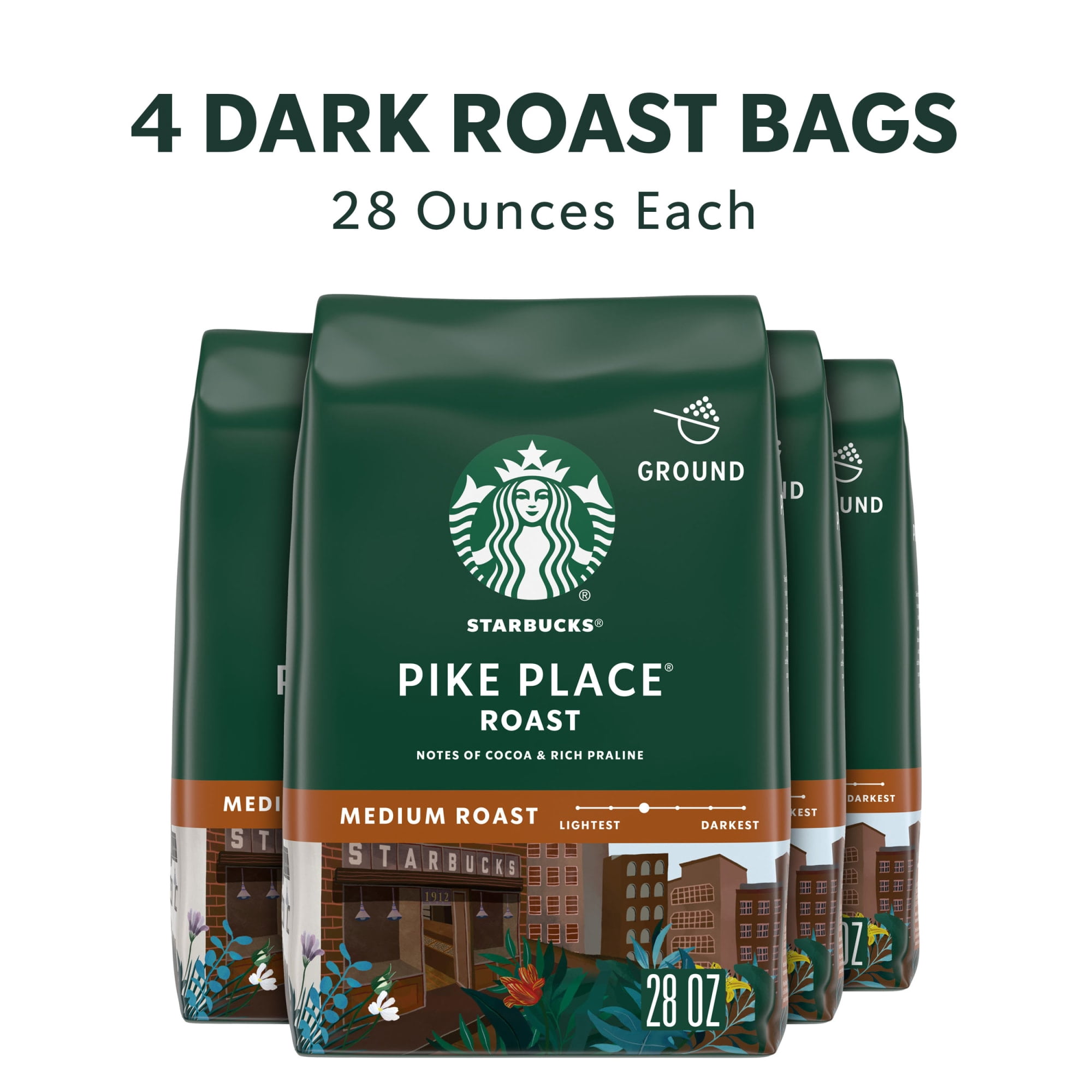 (4 pack) Starbucks Pike Place Roast, Ground Coffee, Medium Roast Hot or Iced Coffee, 28 oz